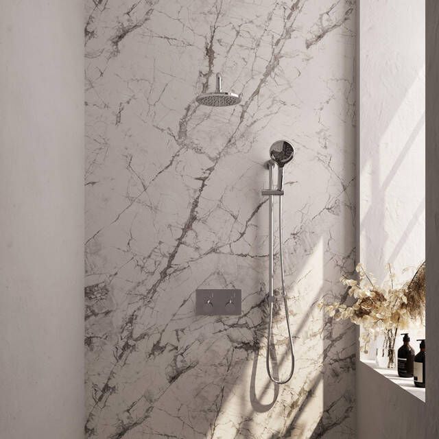 Brauer Chrome Edition thermostatische inbouw regendouche met drukknoppen SET 69 met 20 cm douchekop en gebogen muurarm en 3-standen handdouche en doucheslang en geïntegreerde glijstang chroom