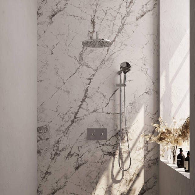Brauer Chrome Edition thermostatische inbouw regendouche met drukknoppen SET 70 met 30 cm douchekop en gebogen muurarm en 3-standen handdouche en doucheslang en geïntegreerde glijstang chroom