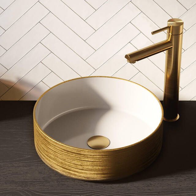 Brauer Circle waskom 36x36cm rond keramiek hoogglans wit en goud WK-CC36ROHWGO