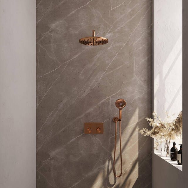 Brauer Copper Edition thermostatische inbouw regendouche met drukknoppen SET 58 met 30 cm douchekop en gebogen muurarm en 3-standen handdouche en doucheslang en wandaansluitbocht koper geborsteld PVD