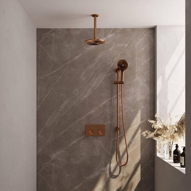 Brauer Copper Edition thermostatische inbouw regendouche met drukknoppen SET 71 met 20 cm douchekop en plafondarm en 3-standen handdouche en doucheslang en geïntegreerde glijstang koper geborsteld PVD