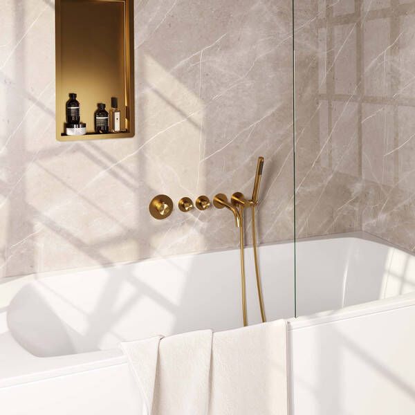 Brauer Gold Carving Badkraan Inbouw douchegarnituur 20cm uitloop inbouwdeel 3 carving knoppen handdouche rond 3 standen PVD geborsteld goud 5-GG-094