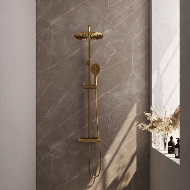 Brauer Gold Carving Regendoucheset opbouw hoofddouche 30cm glijstang handdouche rond 3 stand carving knoppen PVD geborsteld goud 5-GG-256