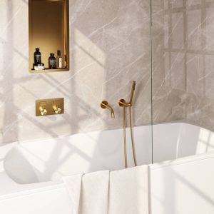 Brauer Gold Carving thermostatische inbouw badkraan met drukknoppen SET 03 met uitloop en staaf handdouche en doucheslang en wandaansluitbocht goud geborsteld PVD