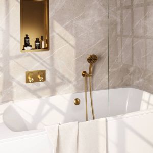 Brauer Gold Carving thermostatische inbouw badkraan met drukknoppen SET 04 met badvulcombinatie en 3-standen handdouche en doucheslang en wandaansluitbocht goud geborsteld PVD