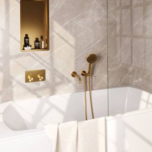Brauer Gold Carving thermostatische inbouw badkraan met drukknoppen SET 04 met uitloop en 3-standen handdouche en doucheslang en wandaansluitbocht goud geborsteld PVD