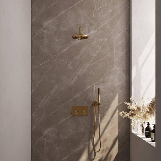 Brauer Gold Carving thermostatische inbouw regendouche met drukknoppen SET 51 met 20 cm douchekop en gebogen muurarm en staaf handdouche en doucheslang en wandaansluitbocht goud geborsteld PVD