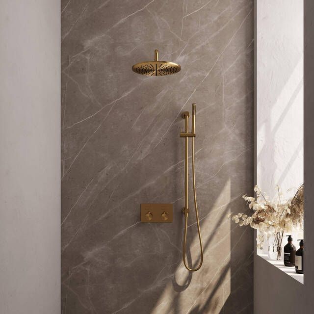 Brauer Gold Carving thermostatische inbouw regendouche met drukknoppen SET 64 met 30 cm douchekop en gebogen muurarm en staaf handdouche en doucheslang en geïntegreerde glijstang goud geborsteld PVD