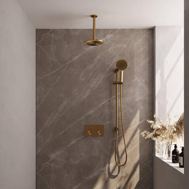 Brauer Gold Carving thermostatische inbouw regendouche met drukknoppen SET 71 met 20 cm douchekop en plafondarm en 3-standen handdouche en doucheslang en geïntegreerde glijstang goud geborsteld PVD