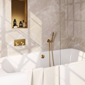 Brauer Gold Edition thermostatische inbouw badkraan met drukknoppen SET 03 met badvulcombinatie en staaf handdouche en doucheslang en wandaansluitbocht goud geborsteld PVD