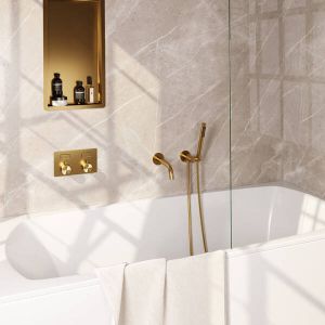 Brauer Gold Edition thermostatische inbouw badkraan met drukknoppen SET 03 met uitloop en staaf handdouche en doucheslang en wandaansluitbocht goud geborsteld PVD