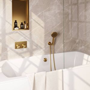 Brauer Gold Edition thermostatische inbouw badkraan met drukknoppen SET 04 met badvulcombinatie en 3-standen handdouche en doucheslang en wandaansluitbocht goud geborsteld PVD