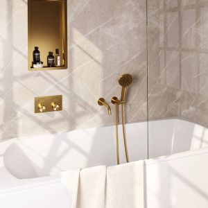 Brauer Gold Edition thermostatische inbouw badkraan met drukknoppen SET 04 met uitloop en 3-standen handdouche en doucheslang en wandaansluitbocht goud geborsteld PVD
