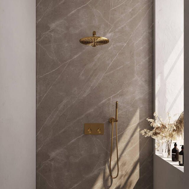 Brauer Gold Edition thermostatische inbouw regendouche met drukknoppen SET 50 met 30 cm douchekop en rechte muurarm en staaf handdouche en doucheslang en wandaansluitbocht goud geborsteld PVD