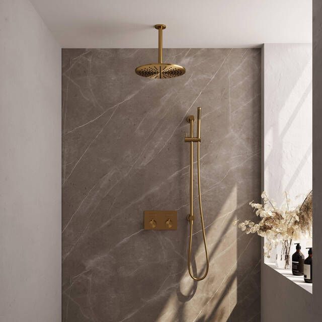 Brauer Gold Edition thermostatische inbouw regendouche met drukknoppen SET 66 met 30 cm douchekop en plafondarm en staaf handdouche en doucheslang en geïntegreerde glijstang goud geborsteld PVD