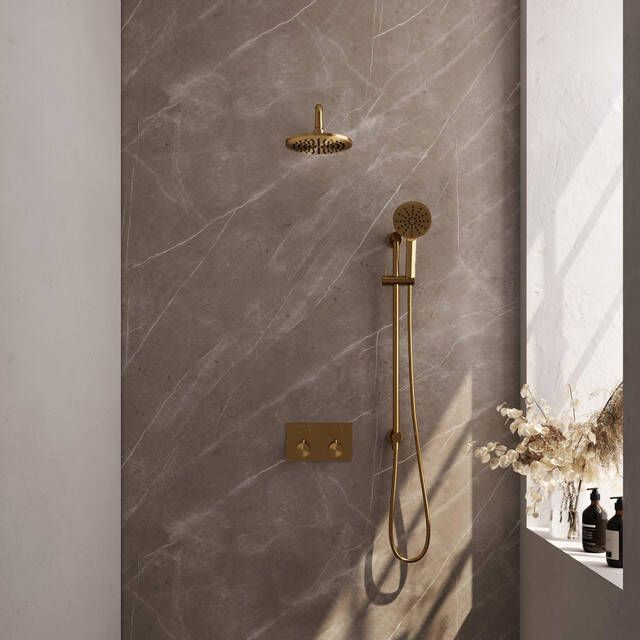 Brauer Gold Edition thermostatische inbouw regendouche met drukknoppen SET 69 met 20 cm douchekop en gebogen muurarm en 3-standen handdouche en doucheslang en geïntegreerde glijstang goud geborsteld PVD