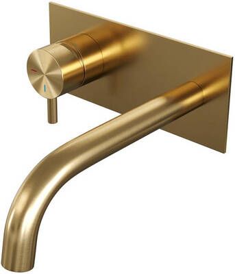 Brauer Gold Edition Wastafelmengkraan inbouw gebogen uitloop rechts korte smalle gladde hendel afdekplaat model B2 PVD geborsteld goud 5-GG-083-B5