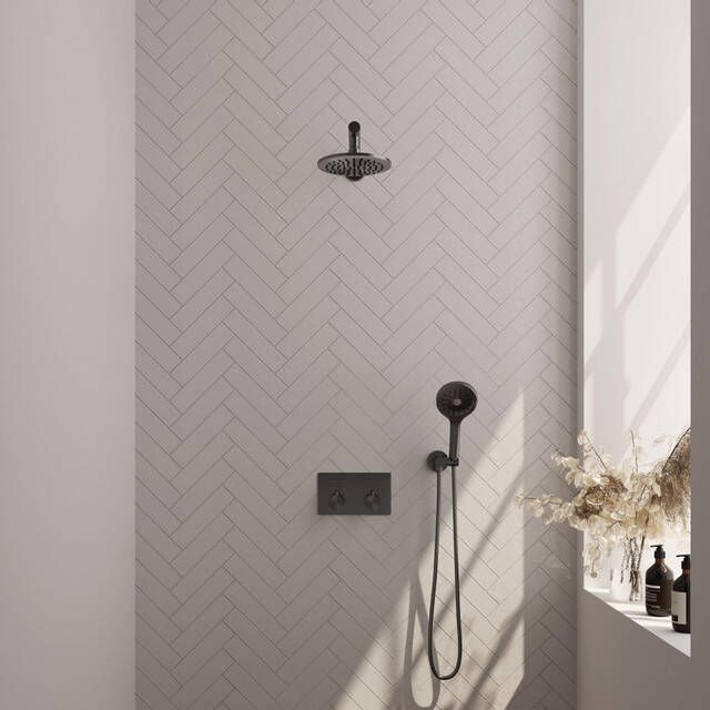 Brauer Gunmetal Carving thermostatische inbouw regendouche met drukknoppen SET 55 met 20 cm douchekop en rechte muurarm en 3-standen handdouche en doucheslang en wandaansluitbocht gunmetal geborsteld PVD