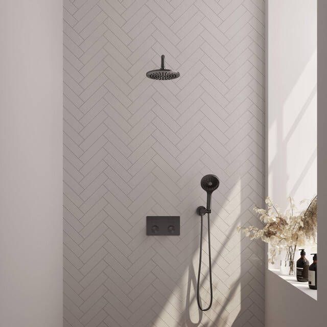 Brauer Gunmetal Carving thermostatische inbouw regendouche met drukknoppen SET 57 met 20 cm douchekop en gebogen muurarm en 3-standen handdouche en doucheslang en wandaansluitbocht gunmetal geborsteld PVD