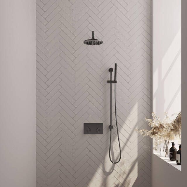 Brauer Gunmetal Carving thermostatische inbouw regendouche met drukknoppen SET 63 met 20 cm douchekop en gebogen muurarm en staaf handdouche en doucheslang en geïntegreerde glijstang gunmetal geborsteld PVD