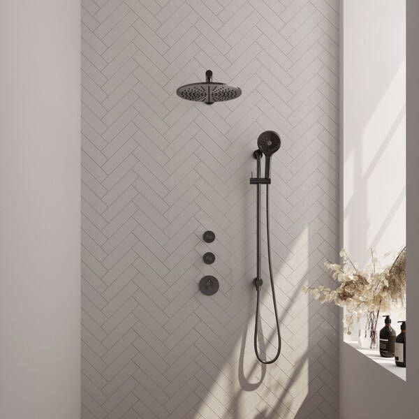 Brauer Gunmetal Edition Regendoucheset inbouw hoofddouche 30cm 3 gladde knoppen rechte wandarm glijstang handdouche rond 3 standen PVD geborsteld gunmetal 5-GM-038