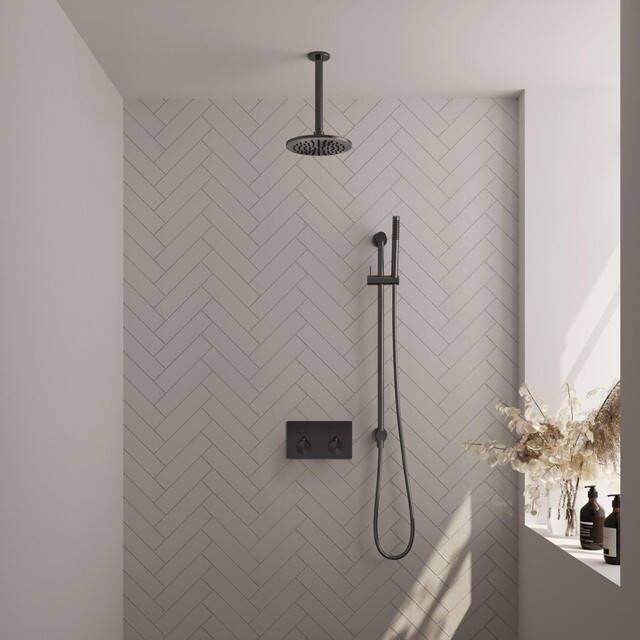 Brauer Gunmetal Edition thermostatische inbouw regendouche met drukknoppen SET 65 met 20 cm douchekop en plafondarm en staaf handdouche en doucheslang en geïntegreerde glijstang gunmetal geborsteld PVD