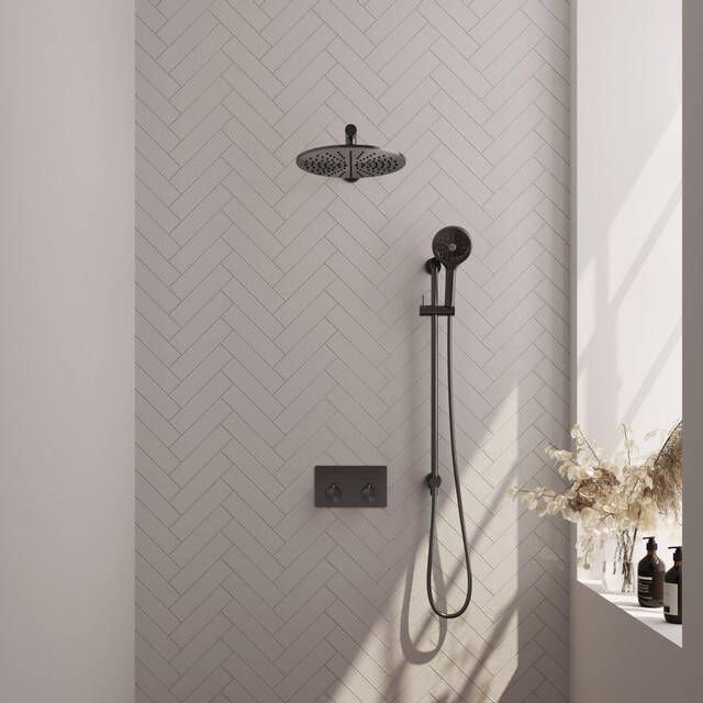 Brauer Gunmetal Edition thermostatische inbouw regendouche met drukknoppen SET 68 met 30 cm douchekop en rechte muurarm en 3-standen handdouche en doucheslang en geïntegreerde glijstang gunmetal geborsteld PVD
