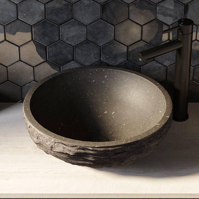 Brauer Molten waskom 42 rond hamerslag natuursteen basalt antraciet WK-ML42ROHAN