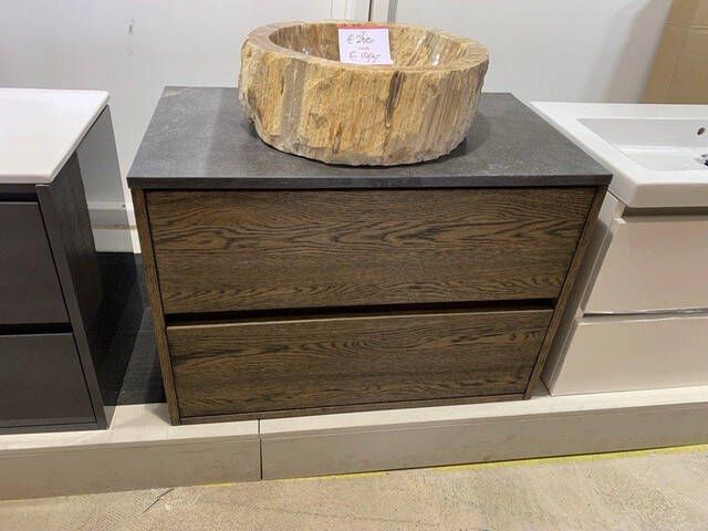 BRAUER Nexxt Wastafelonderkast met Natuursteen topblad 1 afvoergat midden zonder kraangat 80x46x55cm 2 greeploze softclose lades 1 sifonuitsparing hout black oak OUTLET UDEN 1072BOG