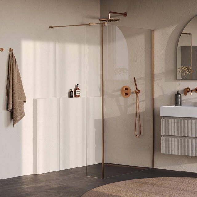 Brauer Oblivion Inloopdouche 110x200cm 30cm zijwand glascoating helder glas geborsteld koper PVD GS-OBI2H11030200GK