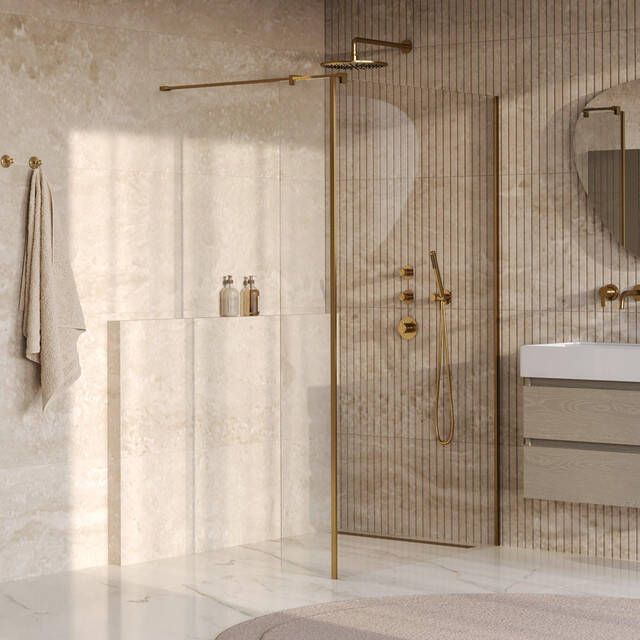 Brauer Oblivion Inloopdouche 120x200cm 30cm zijwand glascoating helder glas geborsteld goud PVD GS-OBI2H12030200GG