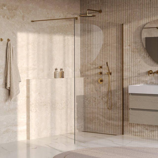 Brauer Oblivion Inloopdouche 130x200cm glascoating helder glas geborsteld goud PVD GS-OBI1H130200GG