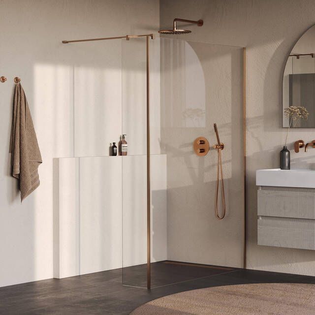 Brauer Oblivion Inloopdouche 140x200cm 30cm zijwand glascoating helder glas geborsteld koper PVD GS-OBI2H14030200GK