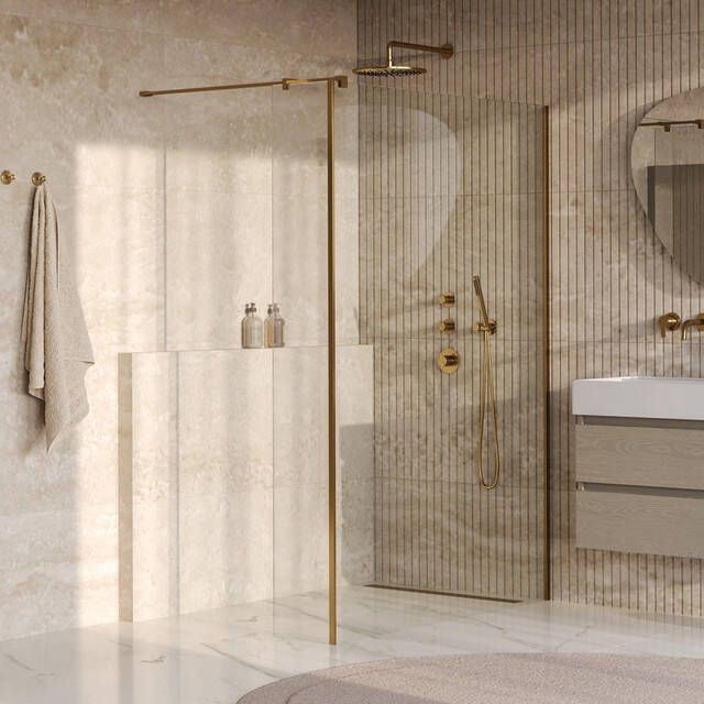 Brauer Oblivion Inloopdouche 140x200cm 40cm zijwand glascoating helder glas geborsteld goud PVD GS-OBI2H14040200GG