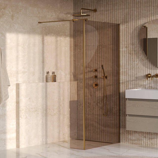 Brauer Oblivion Inloopdouche 90x200cm 30 cm zijwand glascoating brons glas geborsteld goud PVD GS-OBI2B9030200GG