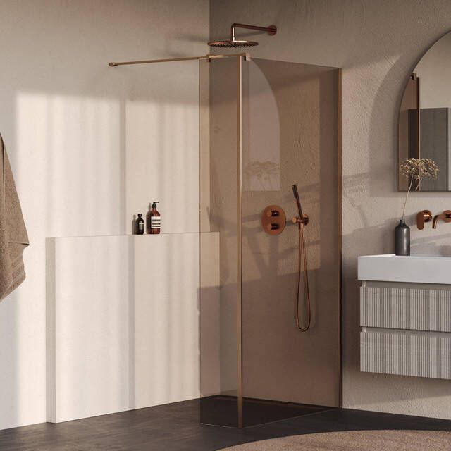 Brauer Oblivion Inloopdouche 90x200cm 30 cm zijwand glascoating brons glas geborsteld koper PVD GS-OBI2B9030200GK