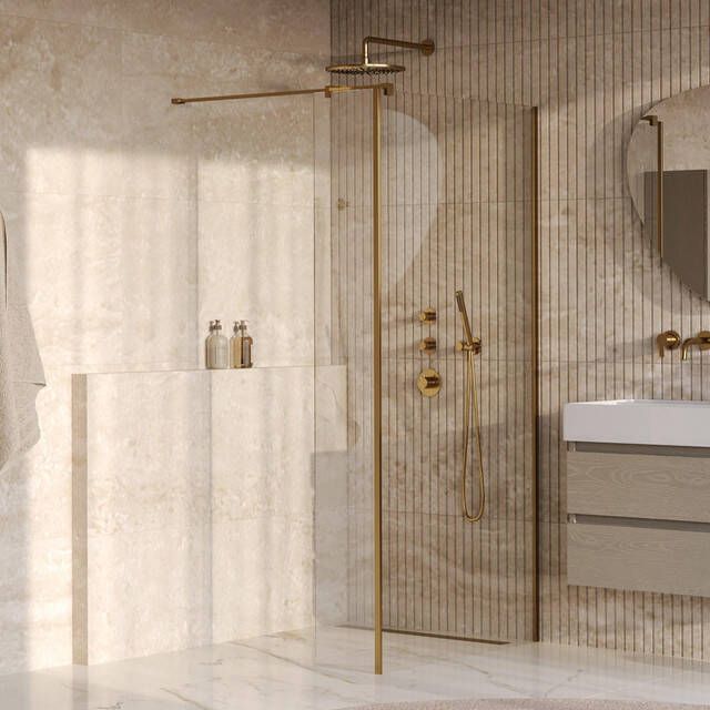 Brauer Oblivion Inloopdouche 90x200cm 30cm zijwand glascoating helder glas geborsteld goud PVD GS-OBI2H9030200GG