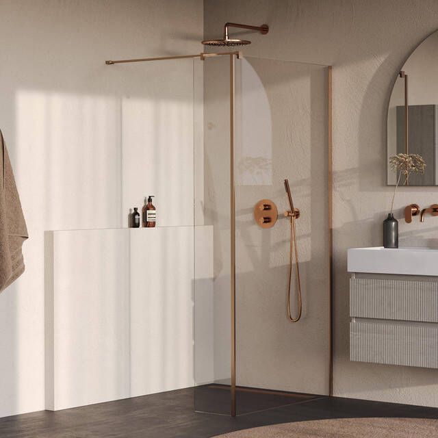 Brauer Oblivion Inloopdouche 90x200cm 40cm zijwand glascoating helder glas geborsteld koper PVD GS-OBI2H9040200GK