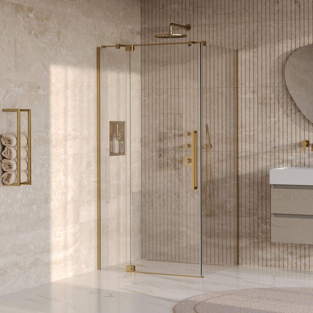 Brauer Stellar Douchecabine 100x90x200cm draaideur glascoating omkeerbaar helder glas geborsteld goud PVD GS-SRC1H10090200GG