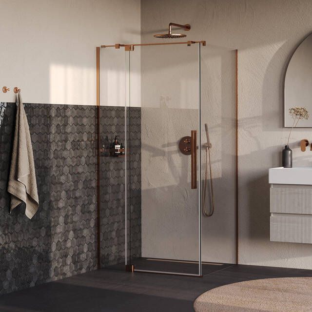 Brauer Stellar Douchecabine 100x90x200cm draaideur glascoating omkeerbaar helder glas geborsteld koper PVD GS-SRC1H10090200GK