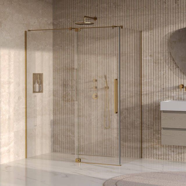 Brauer Stellar Douchecabine 160x80x200cm draaideur glascoating omkeerbaar helder glas geborsteld goud PVD GS-SRC1H16080200GG