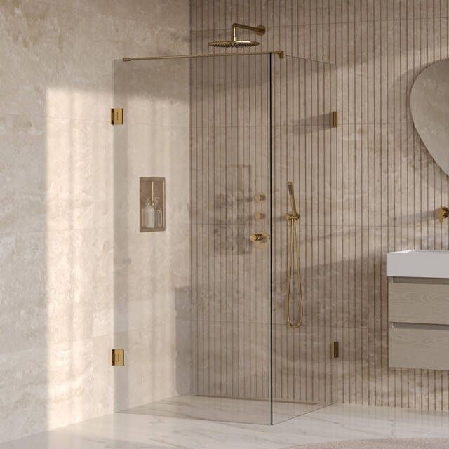 Brauer Void Carving Douchecabine 100x100x200cm draaideur glascoating omkeerbaar helder glas geborsteld goud PVD GS-VOCC1H100100200GG