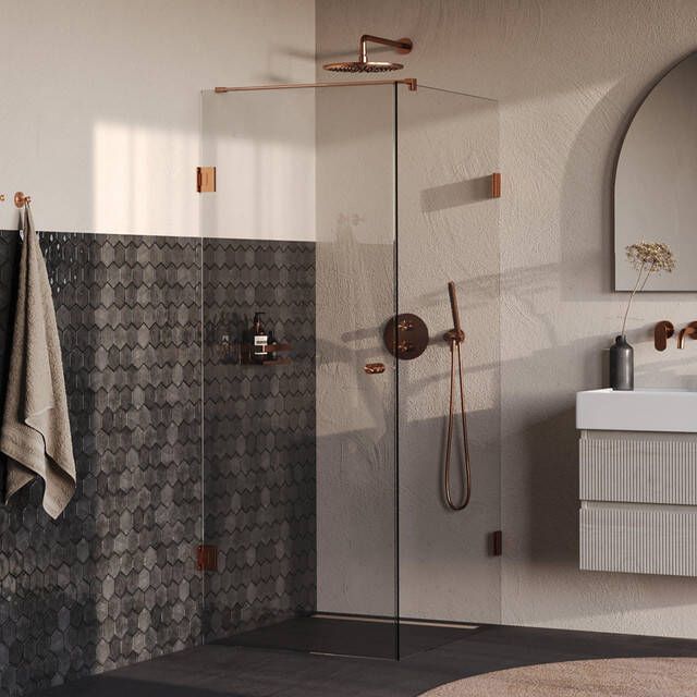Brauer Void Carving Douchecabine 90x100x200cm draaideur glascoating omkeerbaar helder glas geborsteld koper PVD GS-VOCC1H90100200GK
