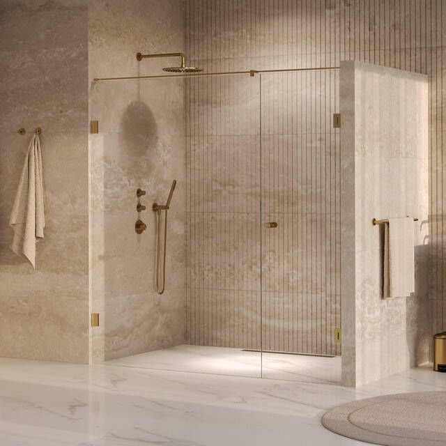 Brauer Void Carving Nisdeur 2-delig 200x200cm 70cm draaideur aan muur glascoating omkeerbaar helder glas geborsteld goud PVD GS-VOCN2H70130200GG