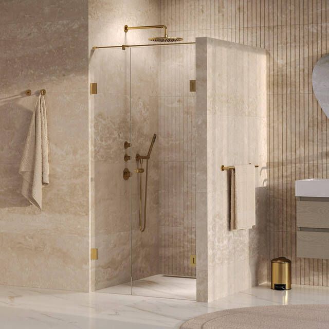 Brauer Void Carving Nisdeur 2-delig 90x200cm 60cm draaideur aan muur glascoating omkeerbaar helder glas geborsteld goud PVD GS-VOCN2H6030200GG