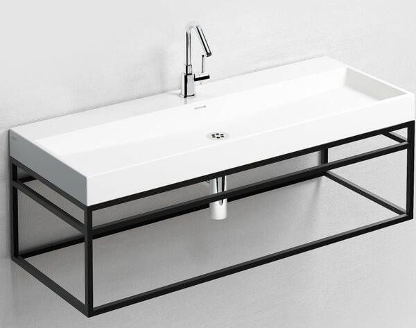 Clou Wash Me Badmeubelset Frame 110x38x42cm Mat Zwart Wastafel keramiek glans wit met Xo 7 kraan open afvoerplug en sifon Chroom sw9238 sw9441 sw9461 sw102688 sw411464
