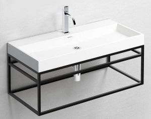 Clou Wash Me Badmeubelset Frame 90x38x42cm Mat Zwart Wastafel keramiek glans wit met Xo 12 kraan open afvoerplug en sifon Chroom sw9237 sw9441 sw9461 sw53558 sw411463