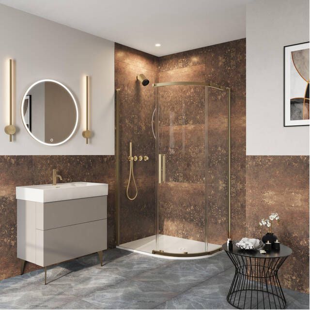 Crosswater Asura Kwartronde Douchedeur 8mm 100x80cm met zijwand hendel gehamerd geborsteld messing SW1208435 SW1176450