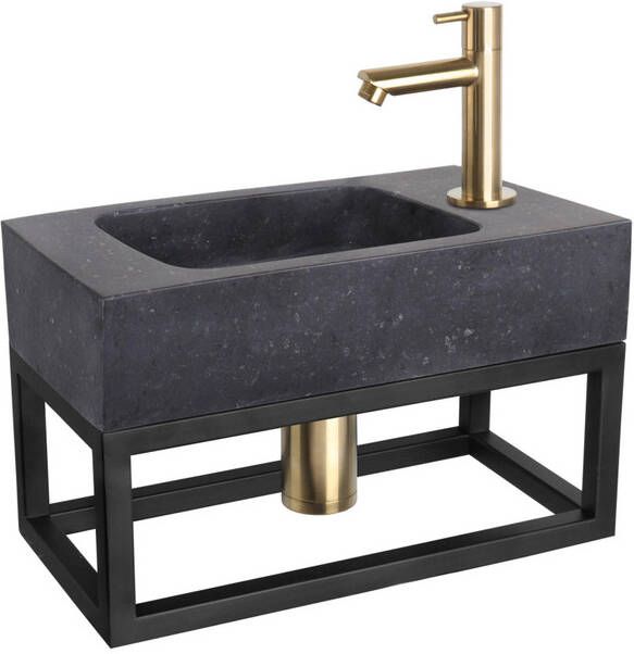 Differnz Bombai fonteinset 40x22x9cm Rechthoek 1 kraangat Recht matte goude kraan met zwart frame Natuursteen Zwart 38.401.55