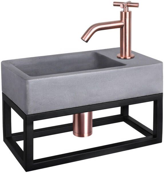 Differnz Force fonteinset 40x22x8cm Rechthoek 1 kraangat Gebogen rose koper kraan met zwart frame kruisgreep Beton Grijs 38.401.77